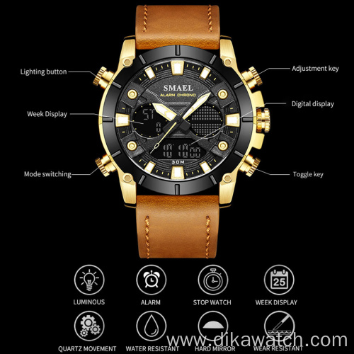 New Fashion Brand SMAEL Men Watch Leather Strap